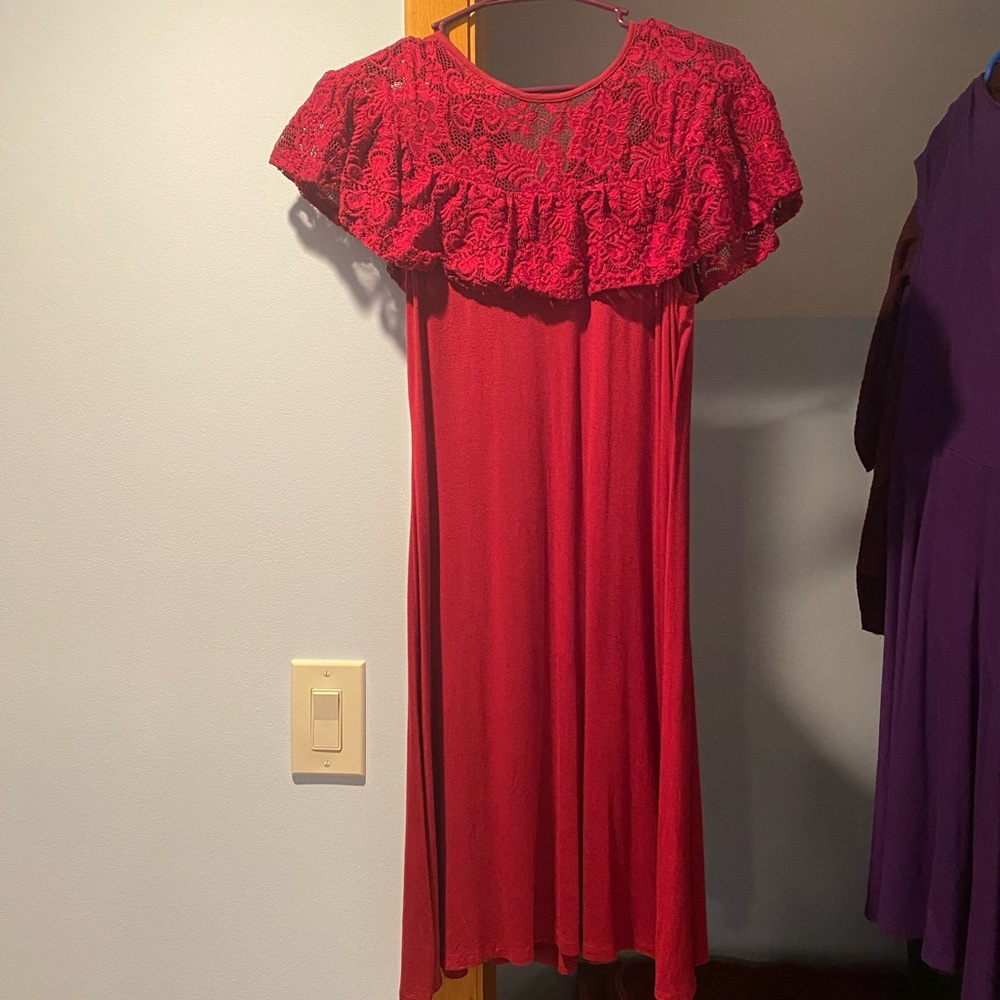 Red lace top dress. Incredibly flattering